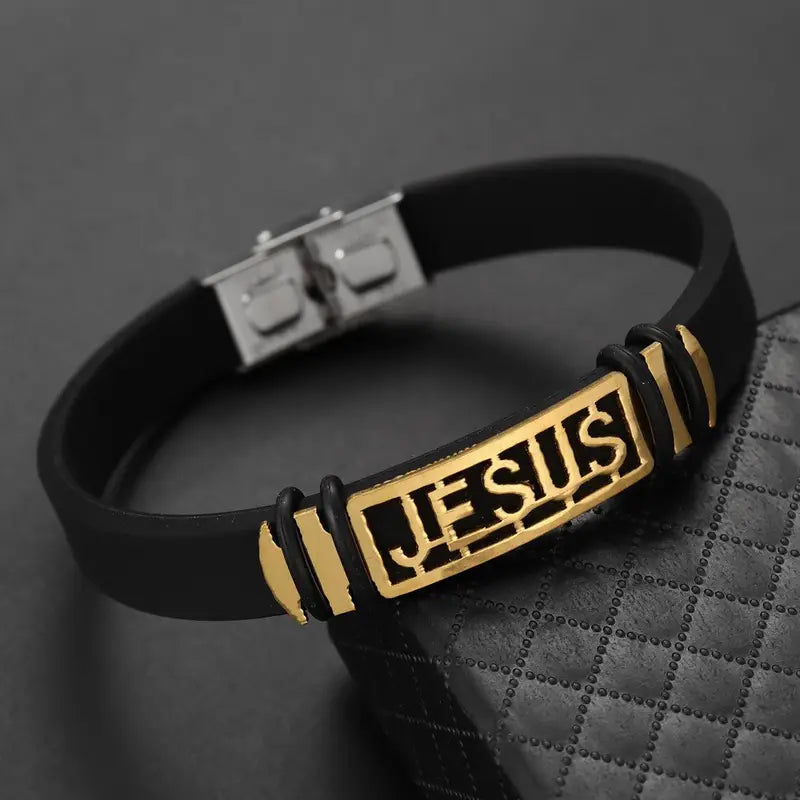 “JESUS” Faith Bracelet Silicone Stainless Steel Gold Black