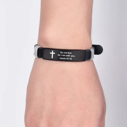 Stainless Steel Adjustable Black Strap Bible Verse Bracelet for Men