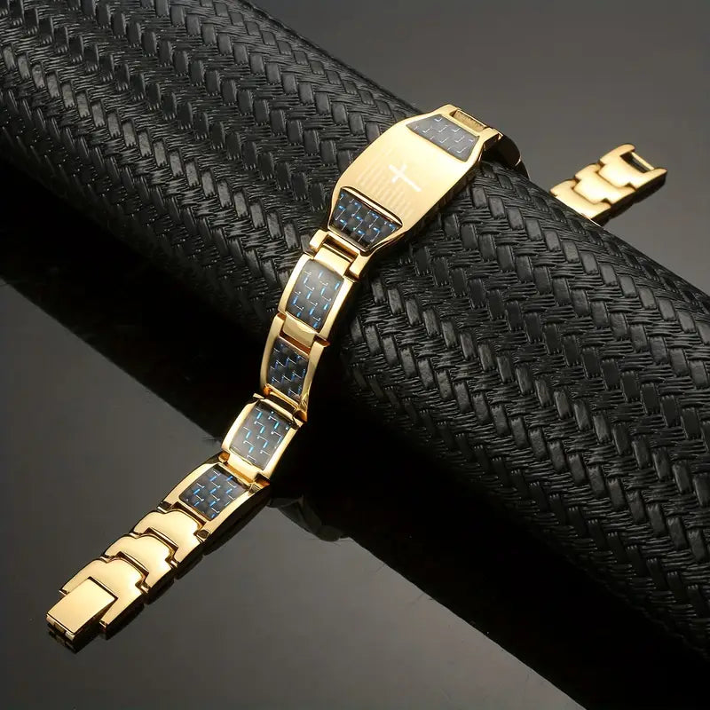 Men’s Black Stainless Steel Faith Bracelet – Cross Engraving & Scripture