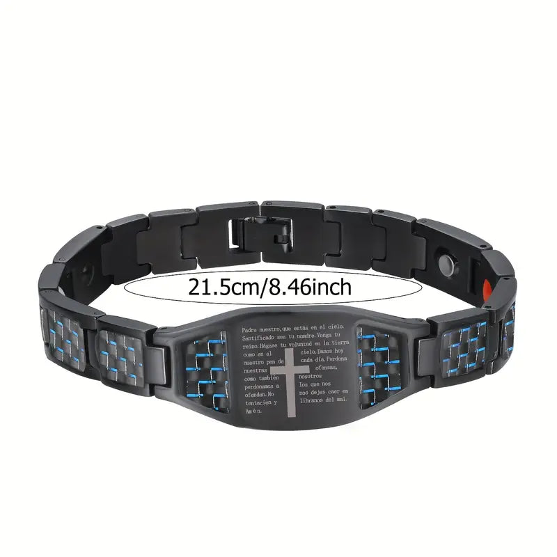 Men’s Black Stainless Steel Faith Bracelet – Cross Engraving & Scripture