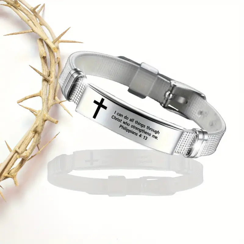 Stainless Steel Bible Prayer Cross Cuff Bangle Bracelet For Men Women