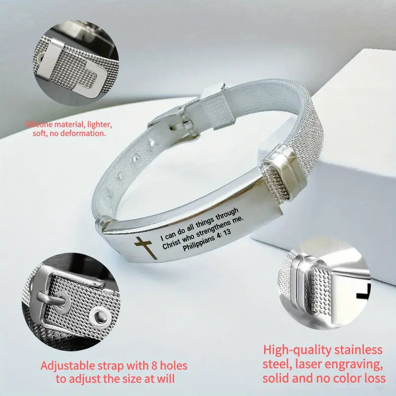 Stainless Steel Bible Prayer Cross Cuff Bangle Bracelet For Men Women