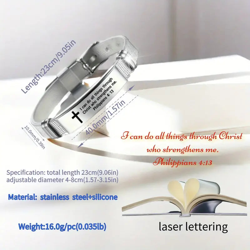 Stainless Steel Bible Prayer Cross Cuff Bangle Bracelet For Men Women