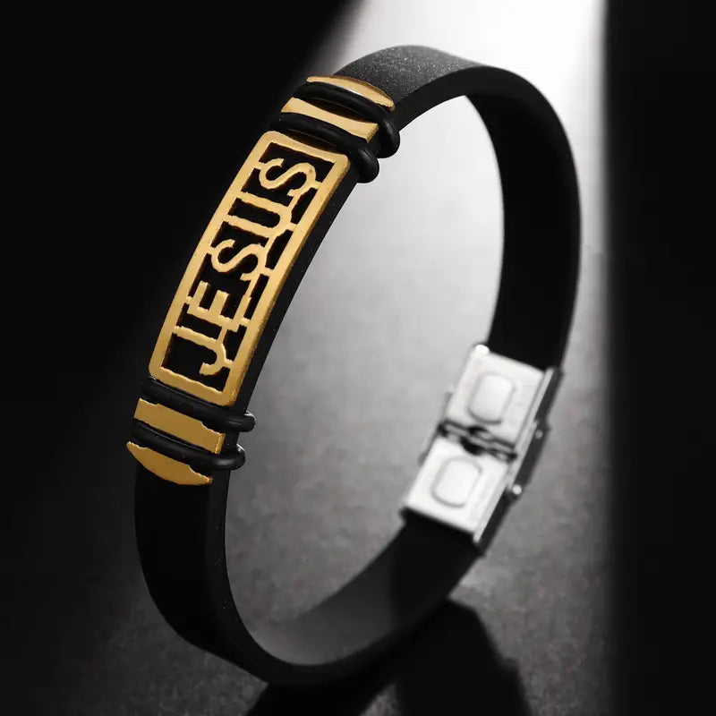 “JESUS” Faith Bracelet Silicone  Stainless Steel Gold Black