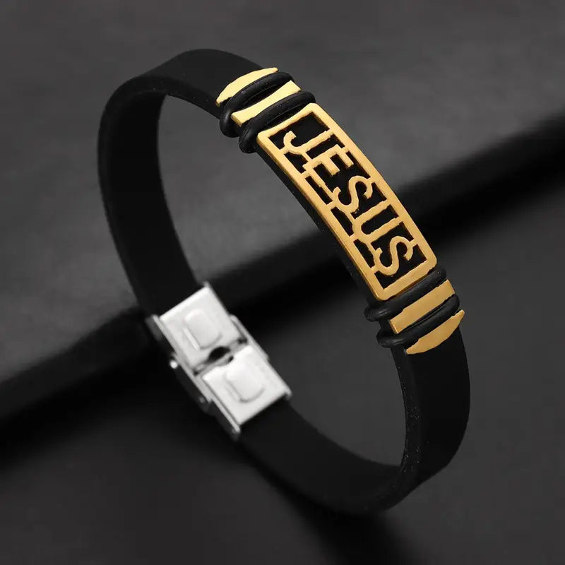 “JESUS” Faith Bracelet Silicone  Stainless Steel Gold Black