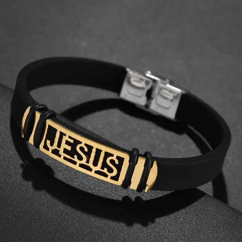 “JESUS” Faith Bracelet Silicone  Stainless Steel Gold Black