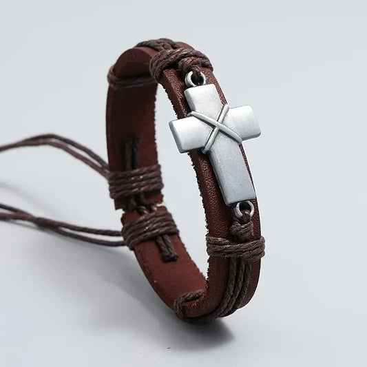 Cross Bracelet Simple Pull-Adjustable Retro Braided Cowhide Bracelet