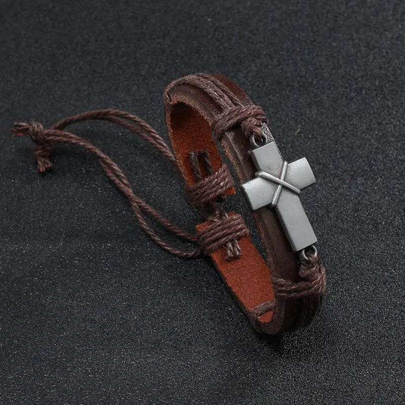 Cross Bracelet Simple Pull-Adjustable Retro Braided Cowhide Bracelet