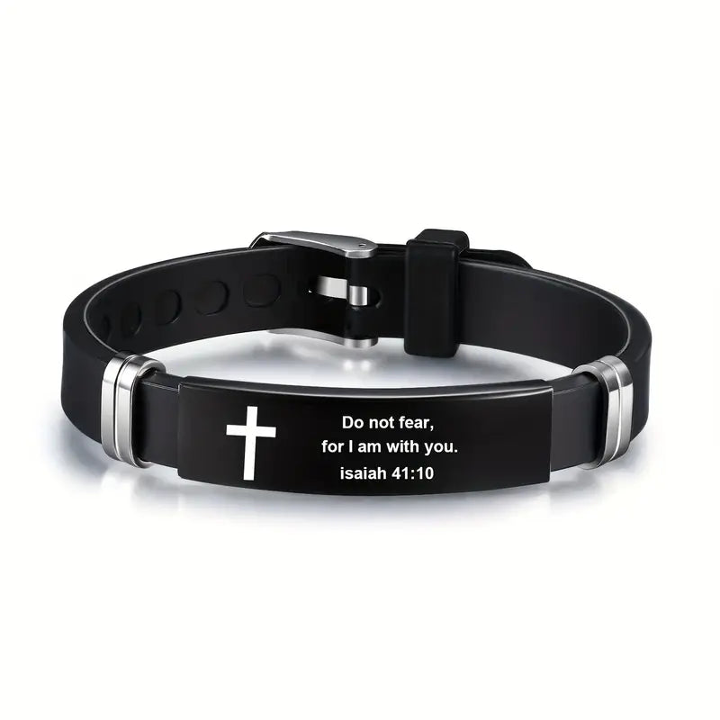Stainless Steel Adjustable Black Strap Bible Verse Bracelet for Men