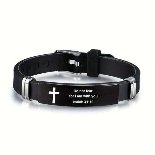 Stainless Steel Adjustable Black Strap Bible Verse Bracelet for Men