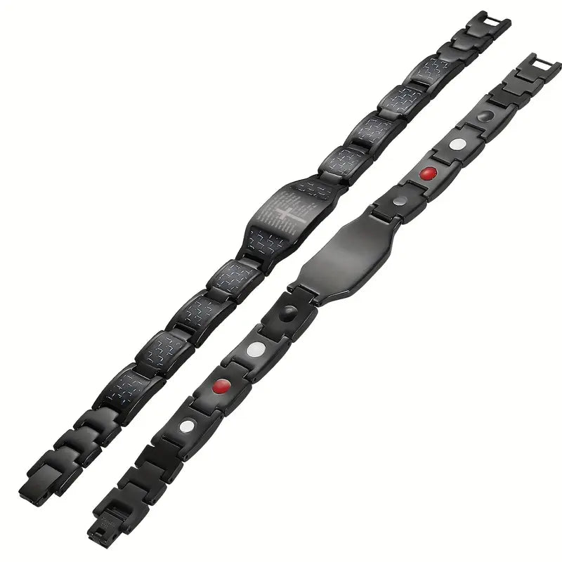 Men’s Black Stainless Steel Faith Bracelet – Cross Engraving & Scripture