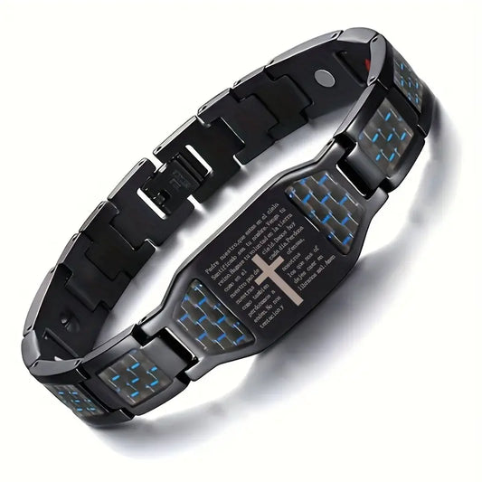 Men’s Black Stainless Steel Faith Bracelet – Cross Engraving & Scripture