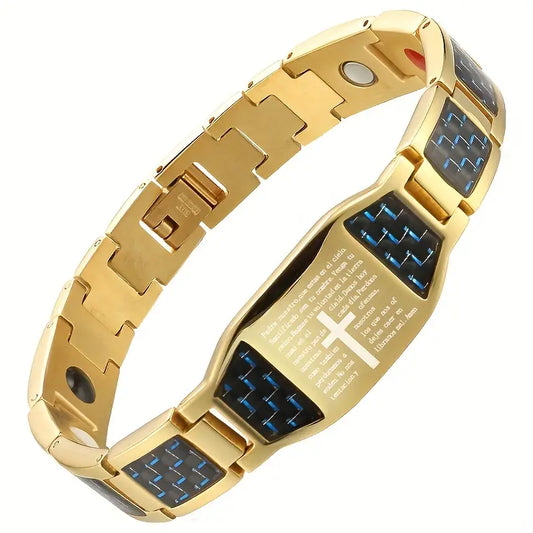 Men’s Black Stainless Steel Faith Bracelet – Cross Engraving & Scripture
