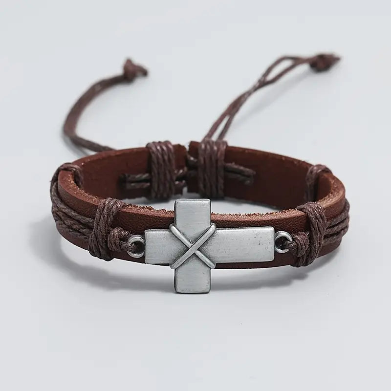 Cross Bracelet Simple Pull-Adjustable Retro Braided Cowhide Bracelet