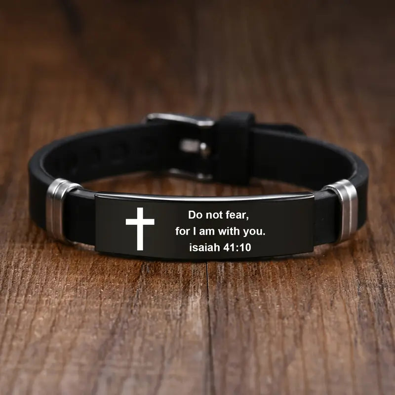 Stainless Steel Adjustable Black Strap Bible Verse Bracelet for Men