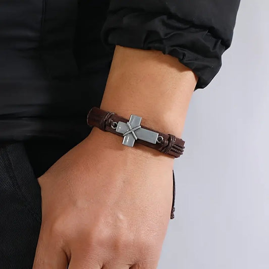Cross Bracelet Simple Pull-Adjustable Retro Braided Cowhide Bracelet