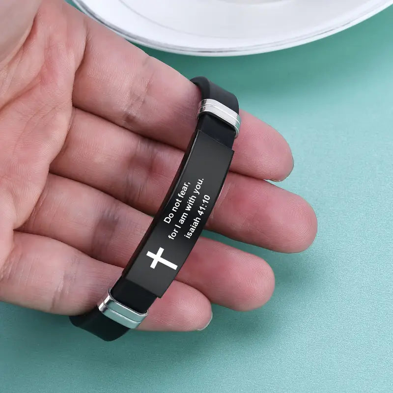 Stainless Steel Adjustable Black Strap Bible Verse Bracelet for Men
